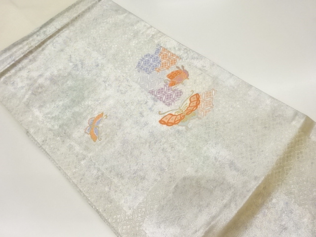 JAPANESE KIMONO / VINTAGE NAGOYA OBI / WOVEN BUTTERFLY & FLOWER WITH RHOMBUS
